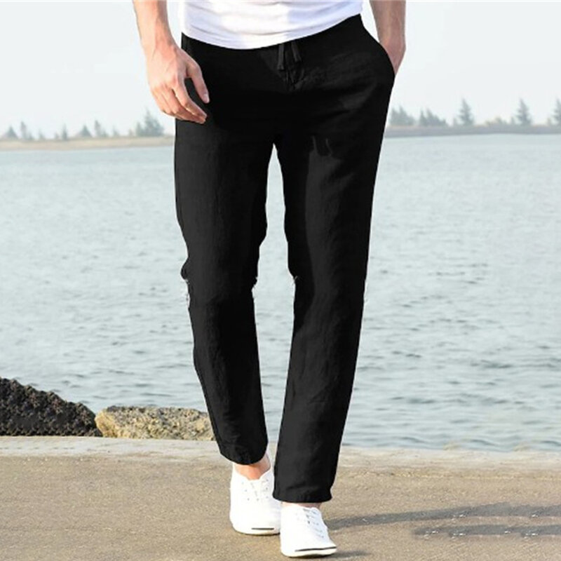 Celana Harem katun Linen musim panas pria, celana olahraga Retro kasual warna Solid, celana Harem kaki lurus serbaguna modis 2024