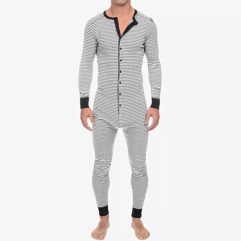 Herren einteilige Pyjamas Overall Mann gestreifte Langarm bequeme Knopf Nachtwäsche Nachtwäsche Homewear Pyjamas