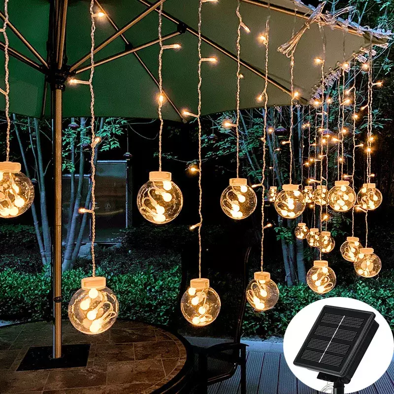Guirnalda de luces LED Solar para exteriores, impermeable guirnalda de hadas, cadena de cortina de botella votiva, lámpara de fiesta de Navidad para decoración de jardín