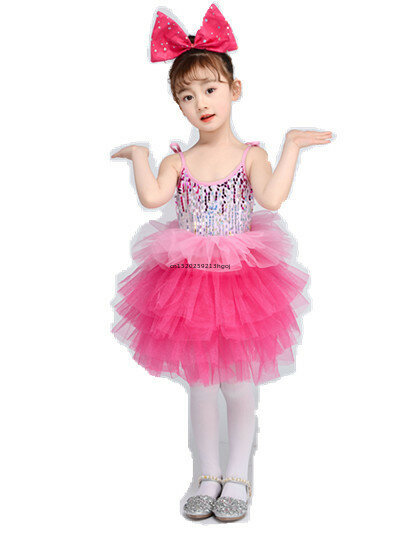 子供用スパンコールダンスドレス、かわいい人形ケーキドレス、子供用ジャズパフォーマンスコスチューム