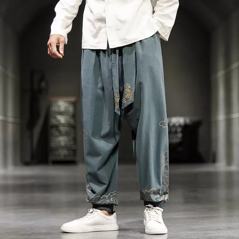 Pantalones de pierna ancha para hombre, pantalón informal de algodón y lino, Harajuku, bordado, Jogging, ropa de calle, 2023