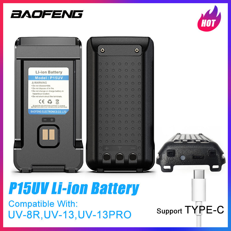 BAOFENG-P15UV Li-ion Bateria Compatível com UV-8R, UV-13, UV-13Pro, Rádios em dois sentidos, Extra Power Pack, TYPE-C Carregamento