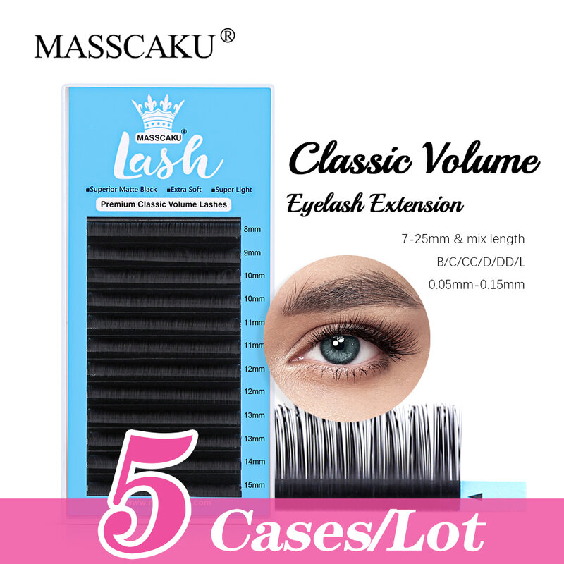 MASSCAKU-Clasic Volume Cílios Extensões, Handmade, Leve, Natural, Single Lash, Maquiagem Beleza, 12 Linhas, 5 Casos/Lot