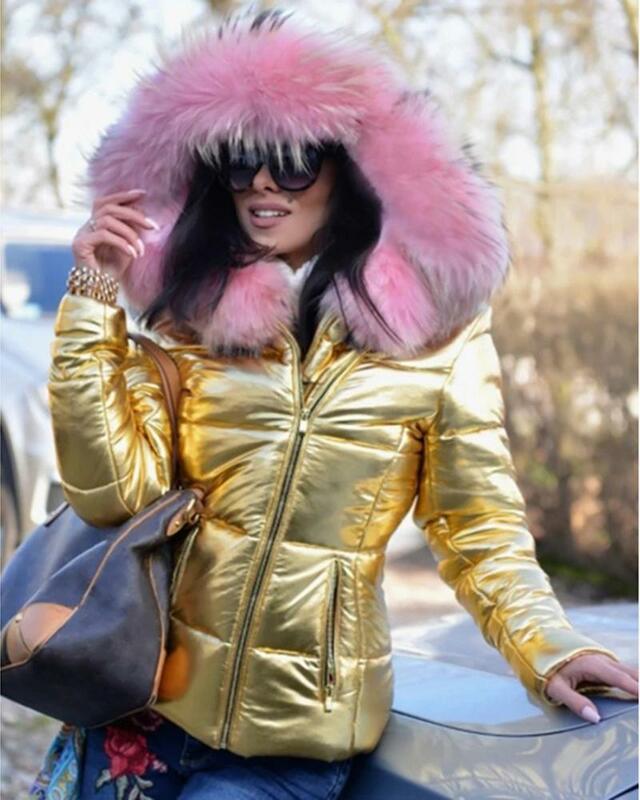 Parca feminina com capuz de pele sintética com bolso com zíper, roupas, casacos quentes, jaquetas mulher, casacos de inverno, 2022