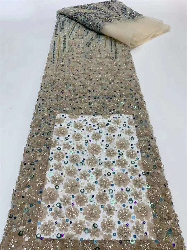 Kain renda payet Afrika mewah kualitas tinggi 5 yard kain renda Tulle Nigeria Prancis bordir untuk jahit pesta pernikahan