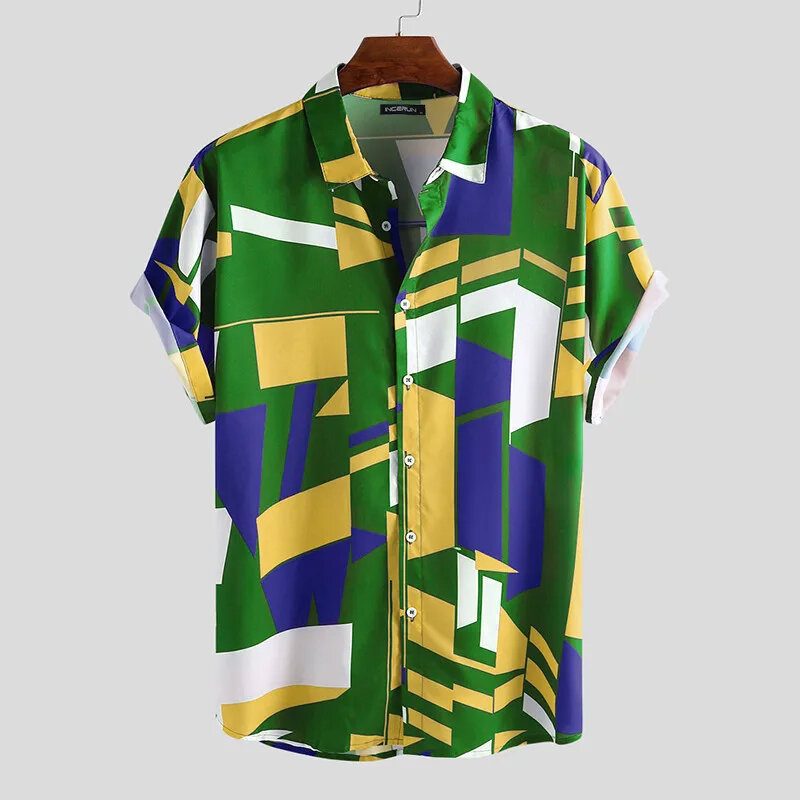 Рубашка мужская с коротким рукавом, гавайская блузка в полоску, однобортный Топ оверсайз, одежда с лацканами, 4XL, лето 2024