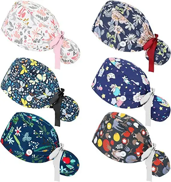 Printed Surgical Caps Scrub Cotton Hat With Button Women Adjustable Lace-Up Beauty Pet Shop Chef Hats Nurse Uniform Accessories