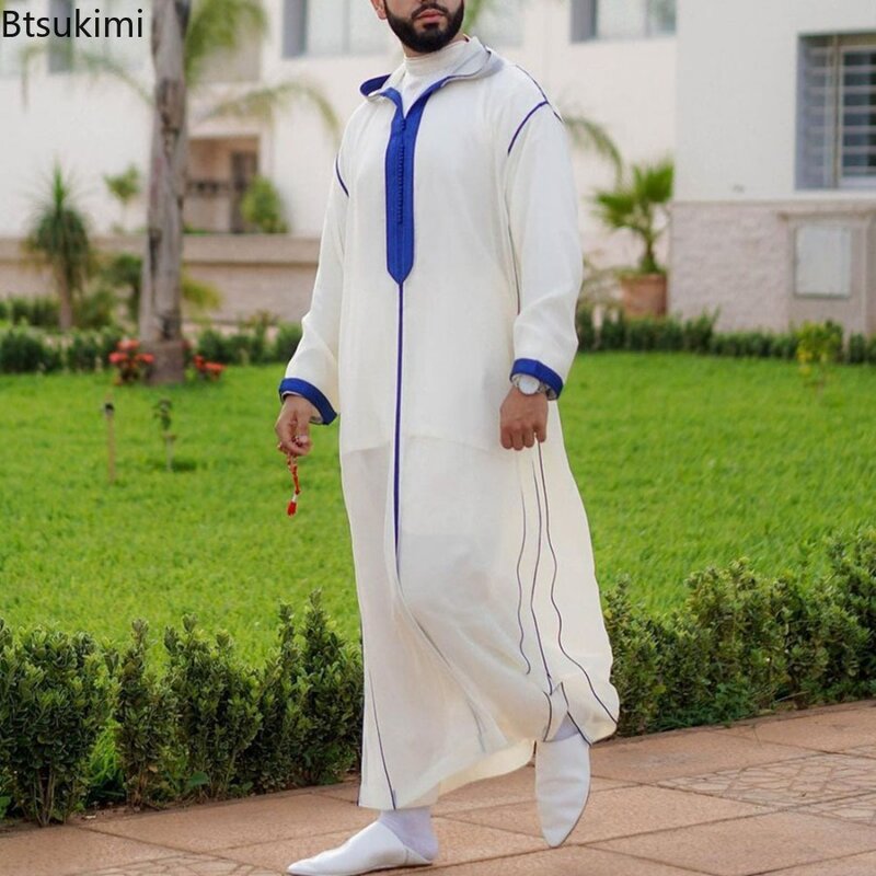 Jubba Thobe manga comprida para homens, kaftan durável, túnica árabe muçulmana, vestido étnico islâmico, camisas soltas de noite, roupas casuais da moda
