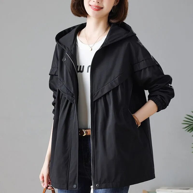 Gabardina informal holgada para mujer, chaqueta cortavientos con capucha de longitud media coreana, primavera y otoño, novedad de 2024