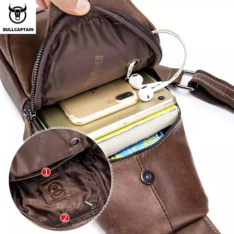 BULLCAPTAIN tas kurir kulit tas kasual pria untuk pria tas dada merek desainer multi-fungsi Headphone Jack paket dada