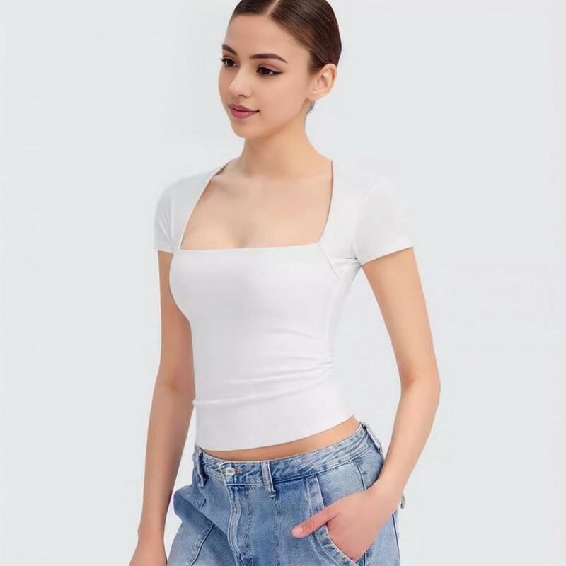 슬림핏 반팔 블라우스, 세련된 여성 스퀘어넥 티셔츠 컬렉션, 슬림핏 반팔 상의, 여름 스트리트웨어