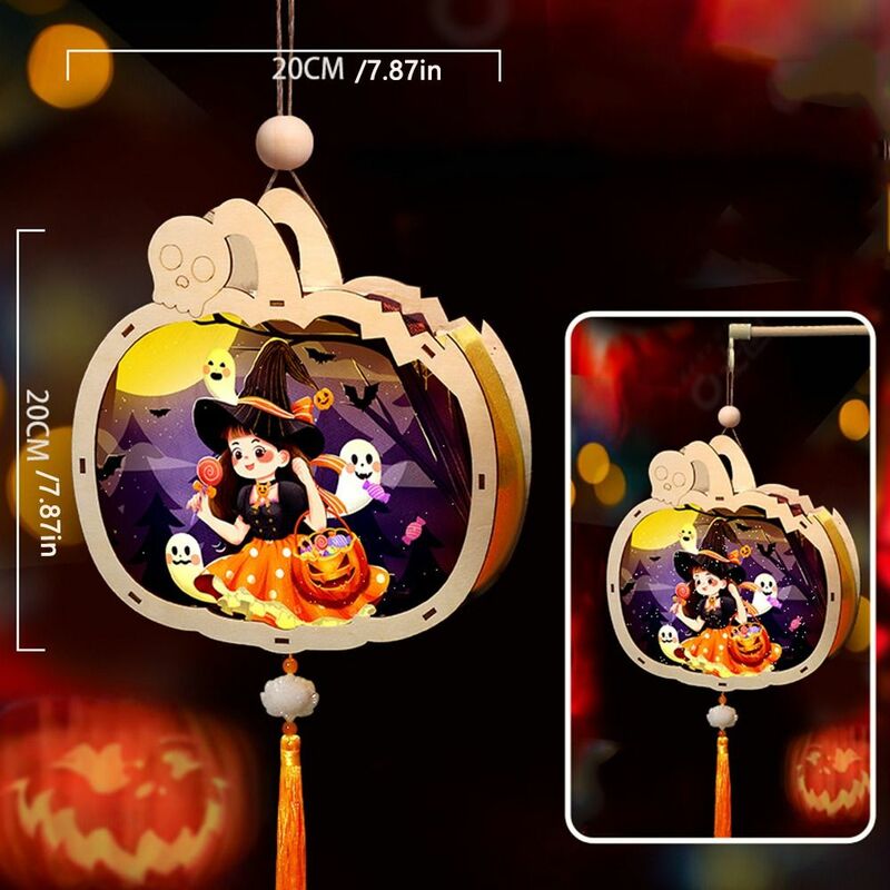 Handheld Luminous Halloween Pumpkin Lanterna, DIY Handmade Fantasma Lanterna De Madeira