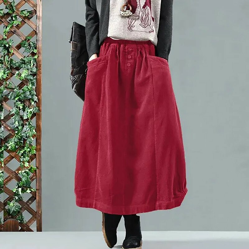 Herbst Winter Cord Rock Frauen Vintage Midi lange Röcke weibliche elastische Taille A-Linie Falten rock große Größe Falten rock