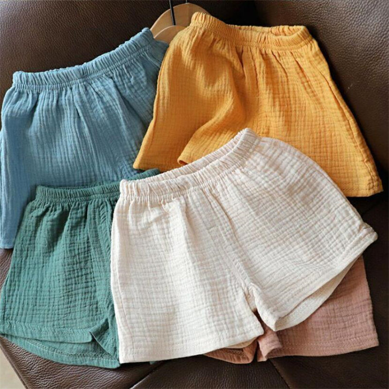 Celana pendek katun Linen anak perempuan, pakaian bayi celana lima titik warna polos musim panas