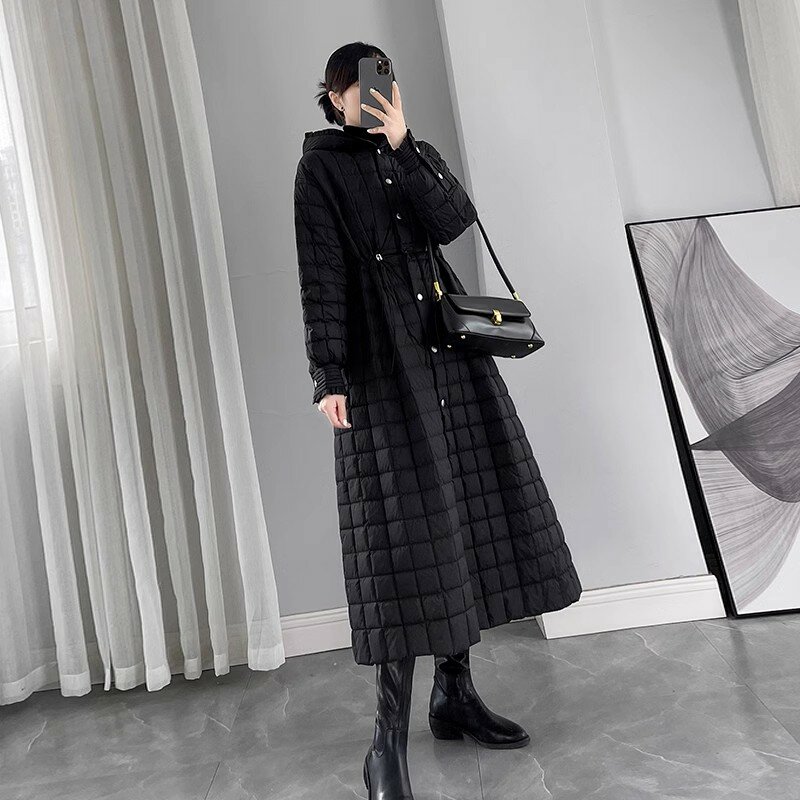 Manteau long à capuche en duvet de canard pour femme, veste à carreaux, pardessus chaud, noir, blanc, mince, femme, haute qualité, 2024