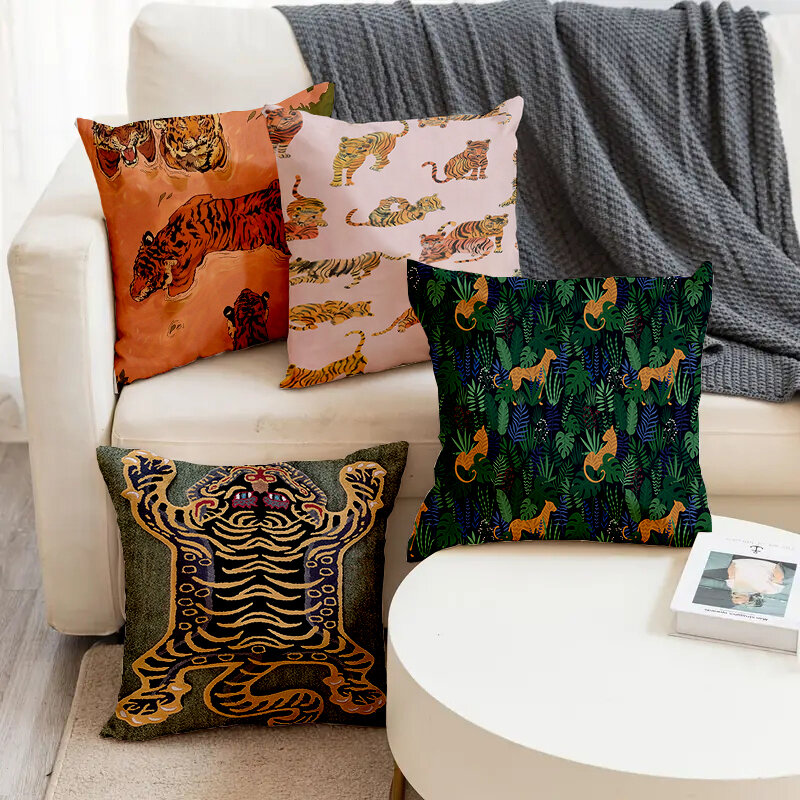 Funda de cojín de mezcla de lino con estampado de animales del bosque, funda de almohada cuadrada suave, decoración del hogar, sala de estar, Rey Tigre