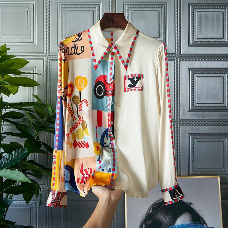 Camisa de seda para mujer, camisa de manga larga con estampado de estilo extranjero, Top de seda de morera, solapa única, alta calidad, 2024