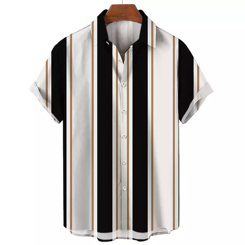 Hawaiian Men's Shirt Harajuku Stripe Print Loose Fashion Casual Short Sleeve Button Aloha Beach Summer Shirts For Men Clothing