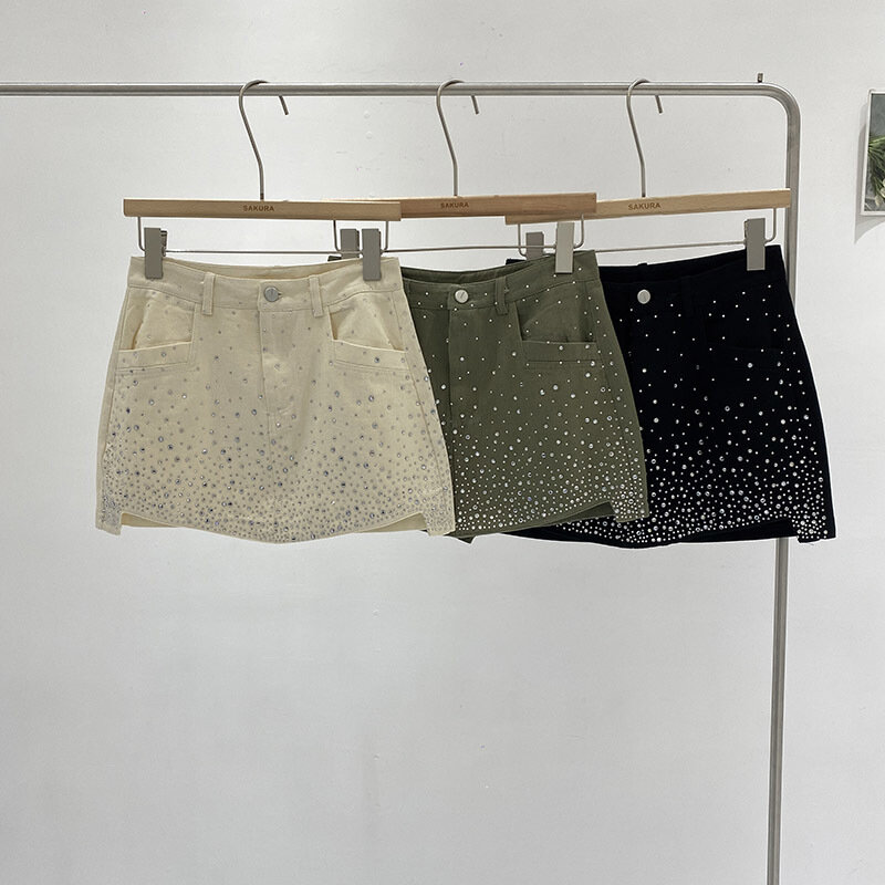 Personality Hot Diamond Splice Denim Skirt Women's High Waist Solid Color Slim Wrap Hip Skirts Female 2024 Summer