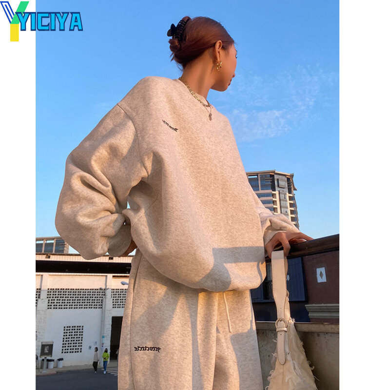 YICIYA 2 Potong Set Pakaian Wanita American Thicken Women 'S Tracksuit Pullover Sweatshirt dan Celana Dua Potong Setelan Oversize Set