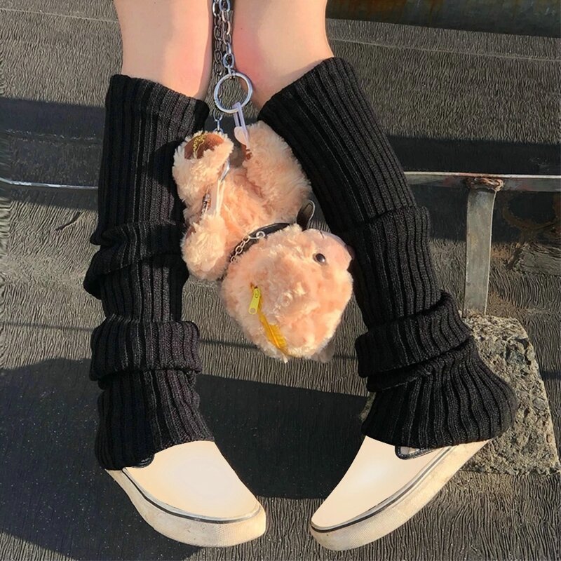 Lolita-calcetines largos de lana térmica para mujer, calentadores de piernas de punto, cubierta de pie cálida, Leggings de ganchillo, puños de bota, Color sólido, Invierno