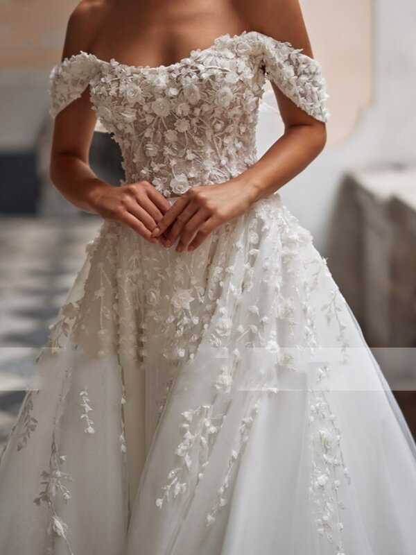 Gaun pernikahan elegan gaun pengantin A-Line Tulle applique renda jubah bahu panjang lantai Vintage Vestidos De Novia