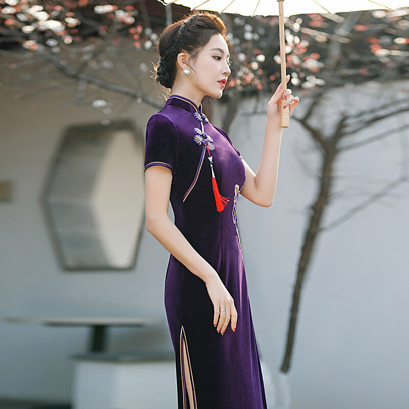 Женское длинное элегантное Бархатное облегающее платье-Ципао размера плюс 5XL, осенне-зимнее винтажное традиционное китайское платье, платья