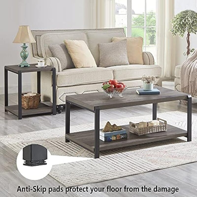 Mesa rústica de madeira e metal para sala de estar, mesa de café com prateleira, Grey Café Furniture