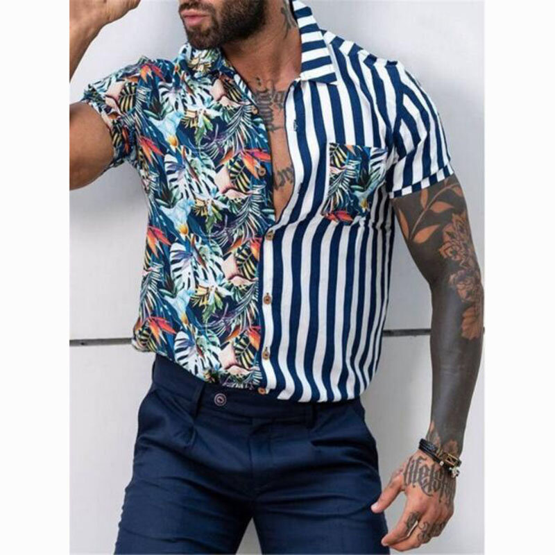 Camisa havaiana listrada masculina, floral, manga curta, casual, estampada coreana, social, solta e respirável, roupa vintage Dazn, verão