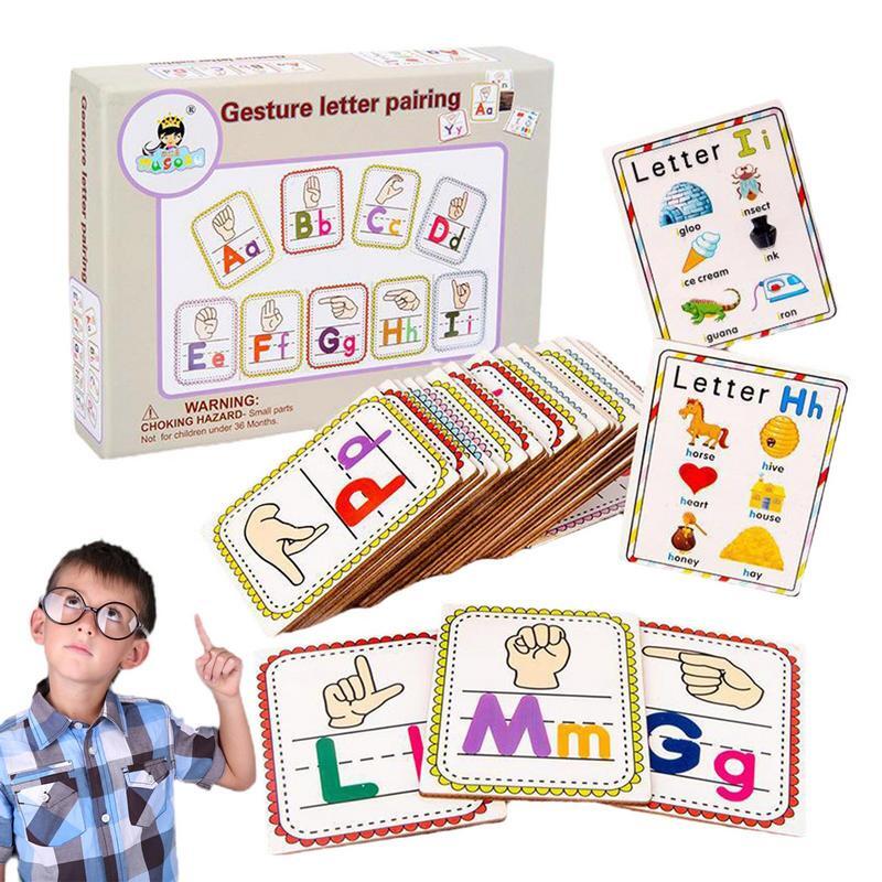 子供のためのカラフルな木製の両面アルファベットフラッシュカード、ジェスチャーカード、ホリデーギフト、26個、3-7