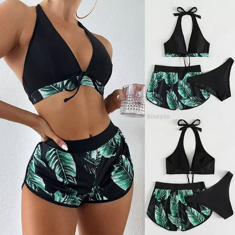 Conjunto de Bikini de tres piezas para mujer, bañador Sexy de cintura alta, traje de baño con estampado de hojas, ropa de playa