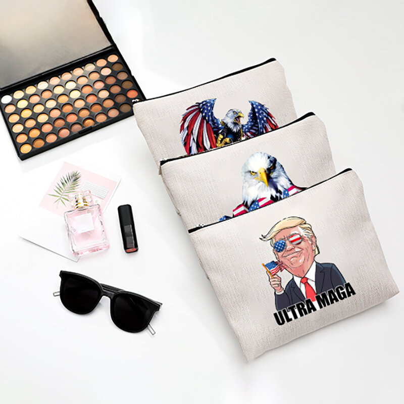 Bolsa de maquiagem de linho com zíper para mulheres Saco de armazenamento de grande capacidade Saco organizador Saco de lavagem Estampas da série Trump Bolsa de linho