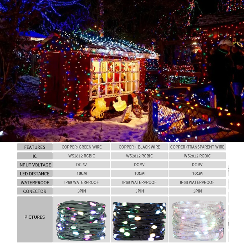 WS2812B RGB LED String Lights, Luzes endereçáveis individualmente, Impermeável, Dream Color, Festa, Natal, Exterior, 5V, 20m