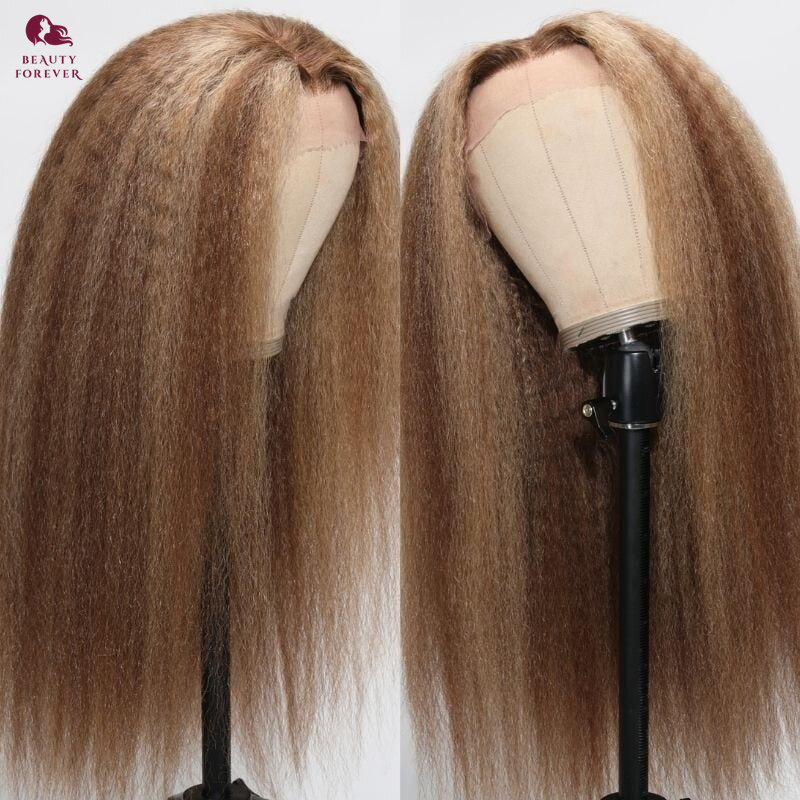 Perruque Lace Front Wig naturelle brésilienne, cheveux crépus lisses, blond miel, 13x4, pre-plucked, HD, 180% de densité, pour femmes