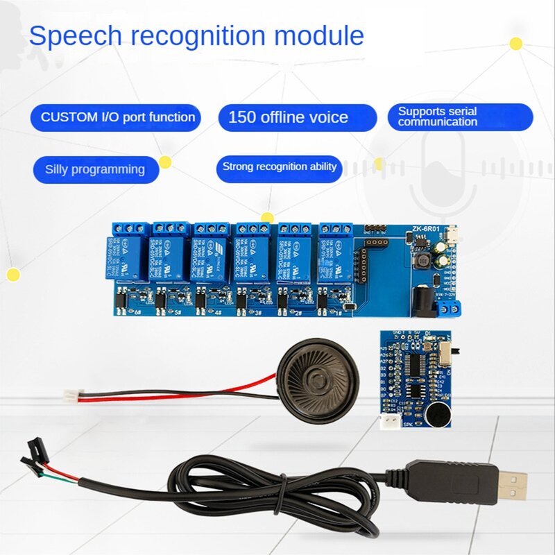 Módulo de reconhecimento de fala AI com relé e alto-falante, conjunto completo de Smart Home and Office Control, ZK-VR01