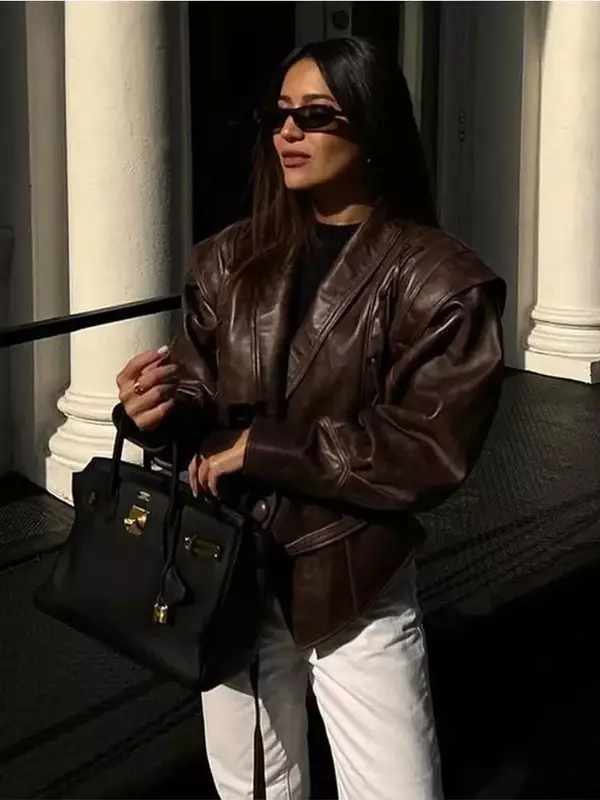 Herbst Winter Kunstleder Jacke Frauen Mode Vintage V-Ausschnitt weibliche Pu-Mantel elegante High Street Casual Damen Outwear