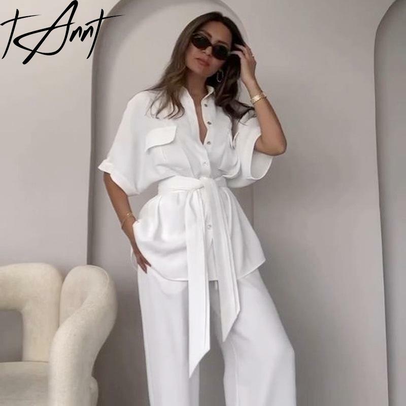 Tannt Women Pant Set Short Sleeves Bandages White Shirts Blouse Fashion High Waist Baggy Pants For Women Two-piece Suit