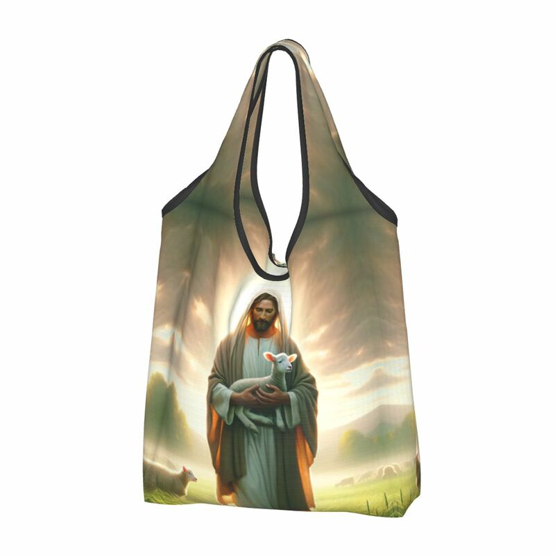 أكياس بقالة كبيرة قابلة لإعادة الاستخدام من إله المسيح ، حقيبة حمل قابلة لإعادة التدوير ، تسوق القديس الكاثوليكي الديني ، قابل للغسل