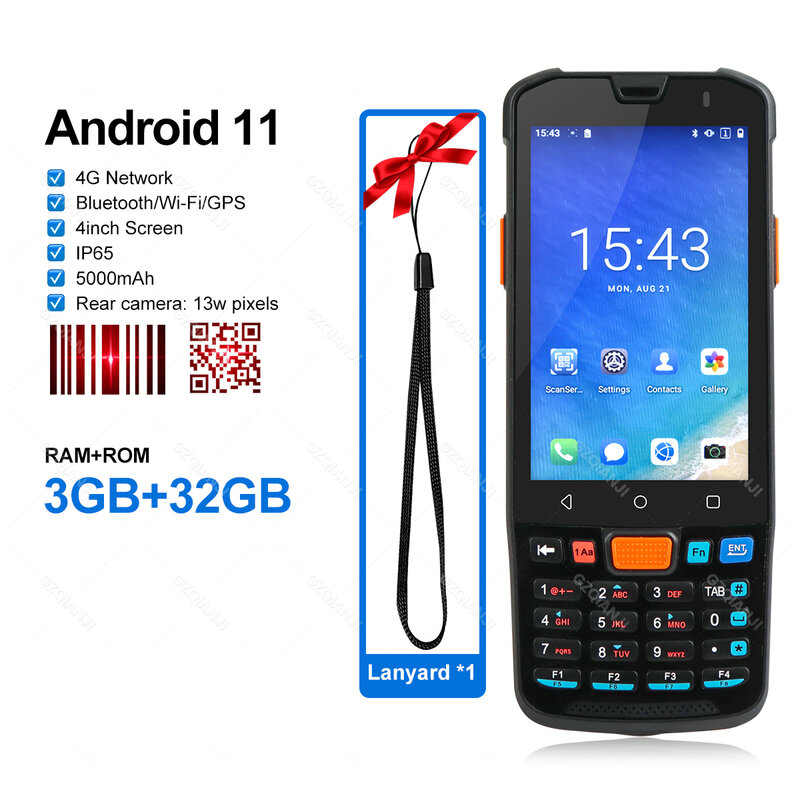 Портативный терминальный сборщик данных 3G + 32 ГБ Android 11 с 5000 мАч Wifi 2D сканер штрих-кода считыватель IP65 4G сеть PDA для склада