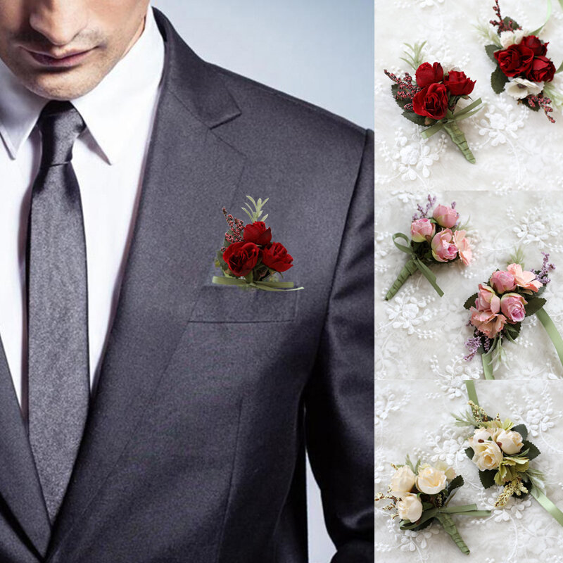 Бутоньерка для жениха, Мужская булавка для костюма, Корсажная бутоньерка для невесты, свадебный цветок на запястье, искусственные шелковые розы, Декор