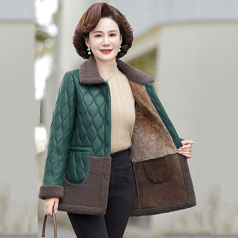 Bulu musim dingin paruh baya dan lansia, pakaian wanita bulu bulu ukuran besar bantalan katun kulit