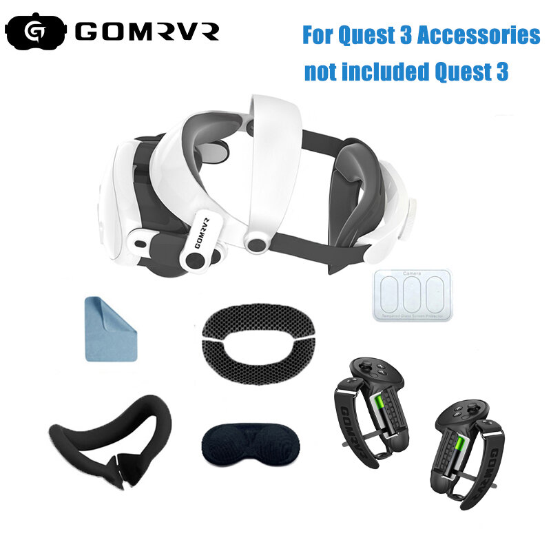 GOMRVR For Meta/Oculus Quest 3 Accessories Adjustable Comfortable Head Strap Carrying Case Silicone Protective Cover Set