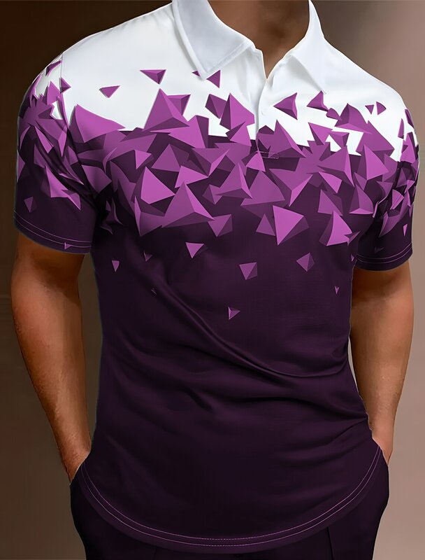 Camisa masculina de botão Polo de lapela, Impressão Gráfica, Geometria Argyle, Turndown, Mangas curtas, Vestuário