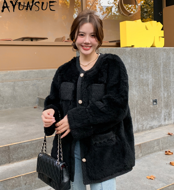 AYUNSUE-Chaqueta de lana para mujer, abrigo de lana con cuello redondo, longitud media, otoño e invierno, 100%