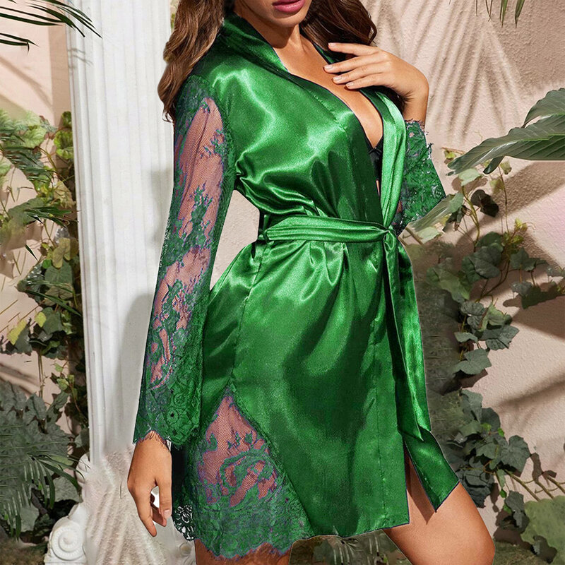 Women's Sexy Silk Lace Robe Dress Solid Lingerie Silky Sleepwear Emulation Transparent Long Sleeve Nightgown Bathrobes With Belt