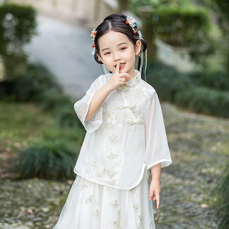 Conjunto de dos piezas de vestido Han de verano para niñas, ropa Vintage bordada de siete mangas, ropa de uso diario de estilo chino, novedad de 2022