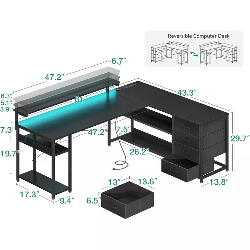 61 "L-shaped Desk with Drawers, Computer Desk with Power Socket and LED Light, Office Desk with Display Rack, Pure Black