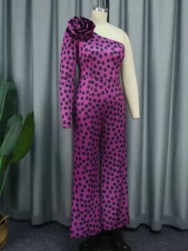 AOMEI Jumpsuit cetakan Polka Dot satu bahu wanita elegan satu potong Afrika wanita pinggang tinggi kaki lebar Romper baru ukuran besar