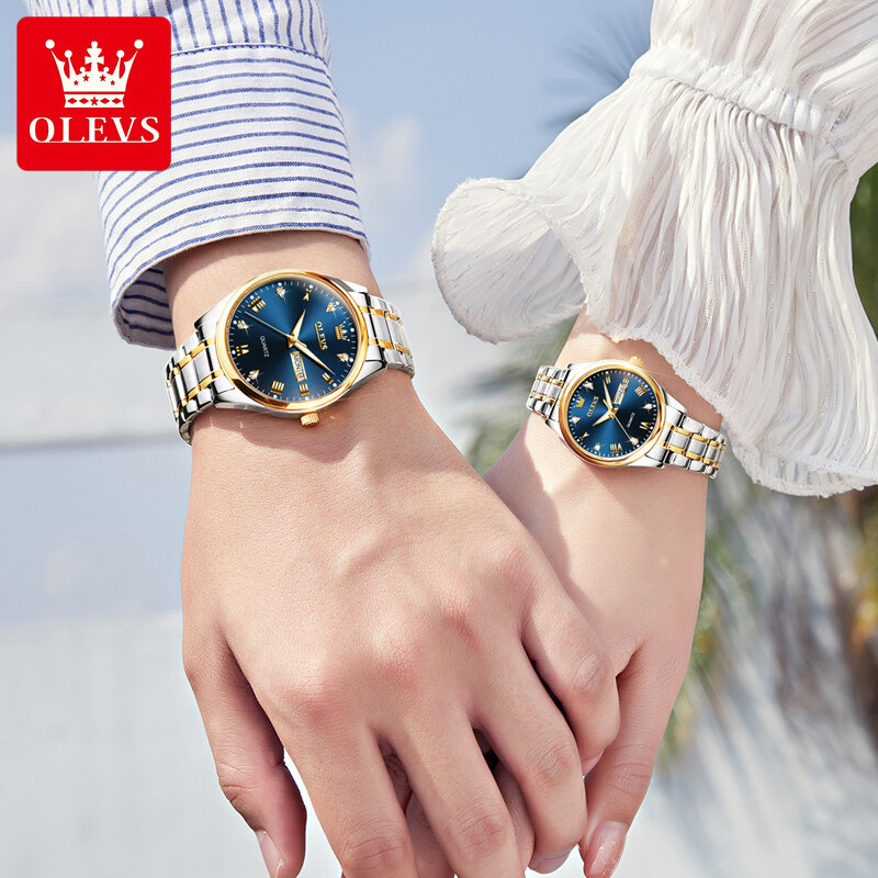 OLEVS-reloj de cuarzo para hombre y mujer, accesorio de pulsera resistente al agua con calendario doble, ideal para regalo de pareja