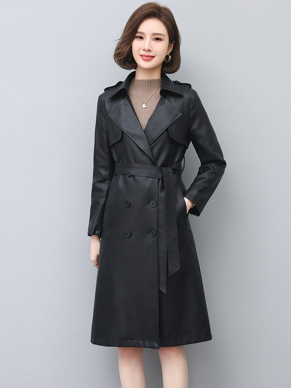 New Women Leather Trench Coat Spring Autumn Fashion Casual Double Breasted Belt Slim Sheepskin Coat Split Leather Long Outerwear
